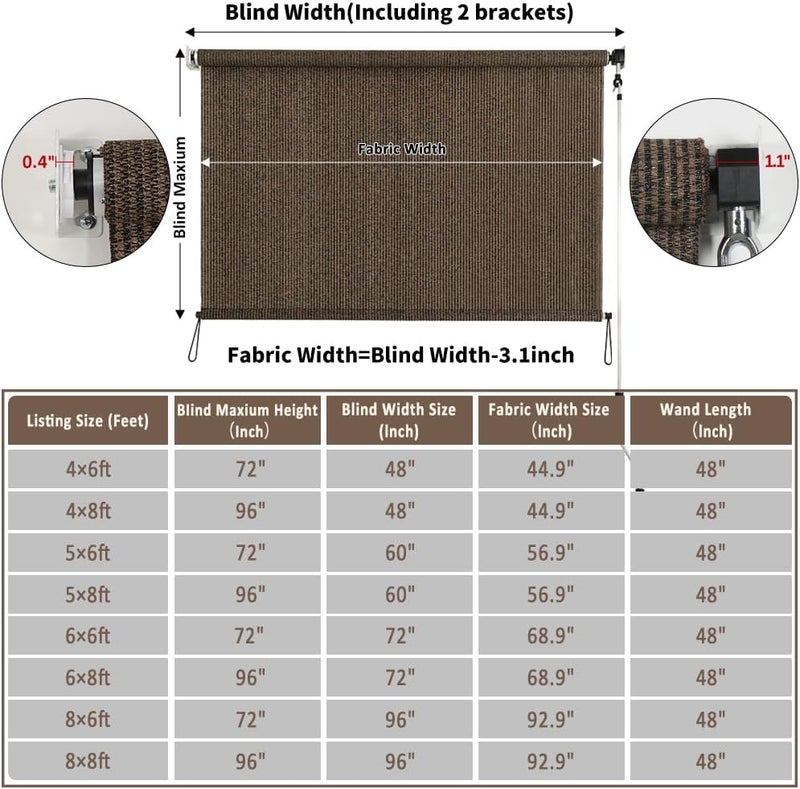 SMONTER Outdoor Sunshade Roller Shade 8'W x 6'H (96" Wx72 H), Exterior Cordless Roll Up Shades Blinds, UV Protection Shade Cloth with Crank Operation for Outside Windows Patio Porch Gazebo, Mocha - Image 2